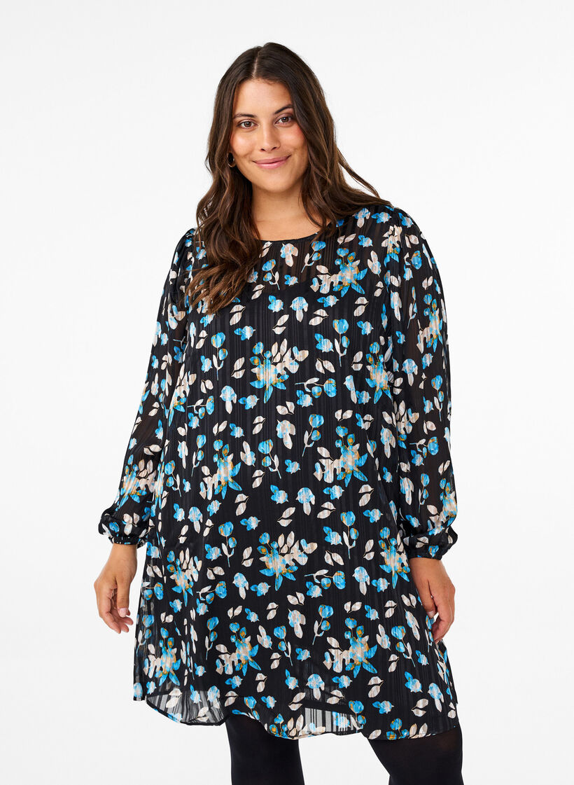 Lyhyt mekko printillä ja pyöreällä kaula-aukolla, Black Blue Fl. AOP, Model image number 0
