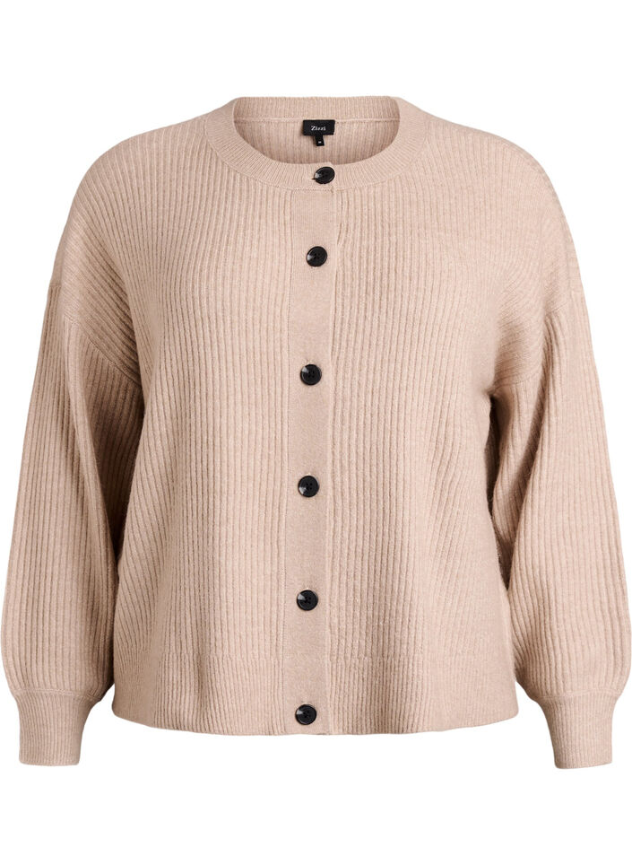 Ribbineuloksesta valmistettu neuletakki napeilla, Beige, Packshot image number 0