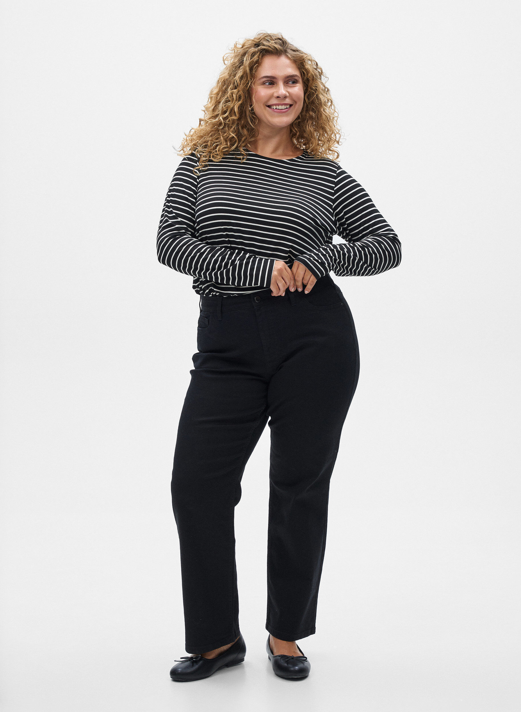 ZizziPitk&auml;hihainen raidallinen pusero, Musta, Model image number 1