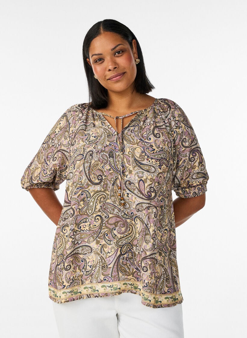 Paisley-kuvioinen viskoosipusero ny&ouml;rill&auml;, Keltainen, Model image number 0