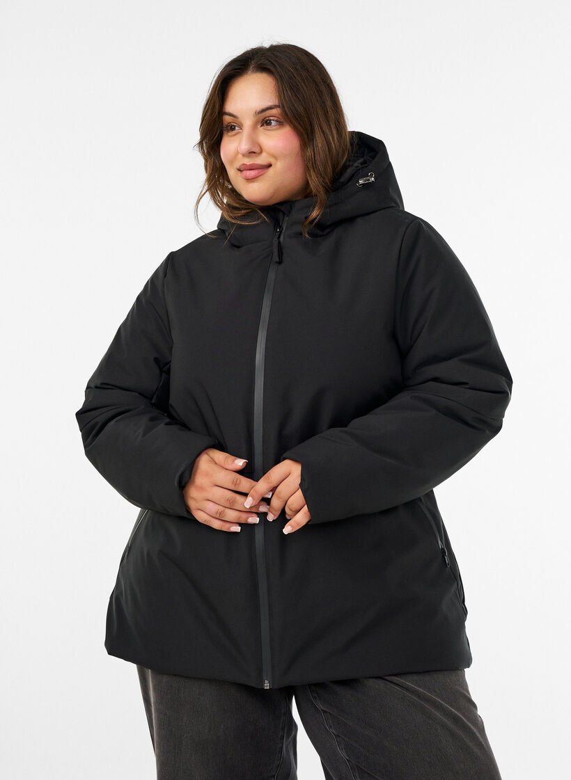 Talvitakki hupulla ja s&auml;&auml;dett&auml;v&auml;ll&auml; vy&ouml;t&auml;r&ouml;ll&auml;, Musta, Model image number 0