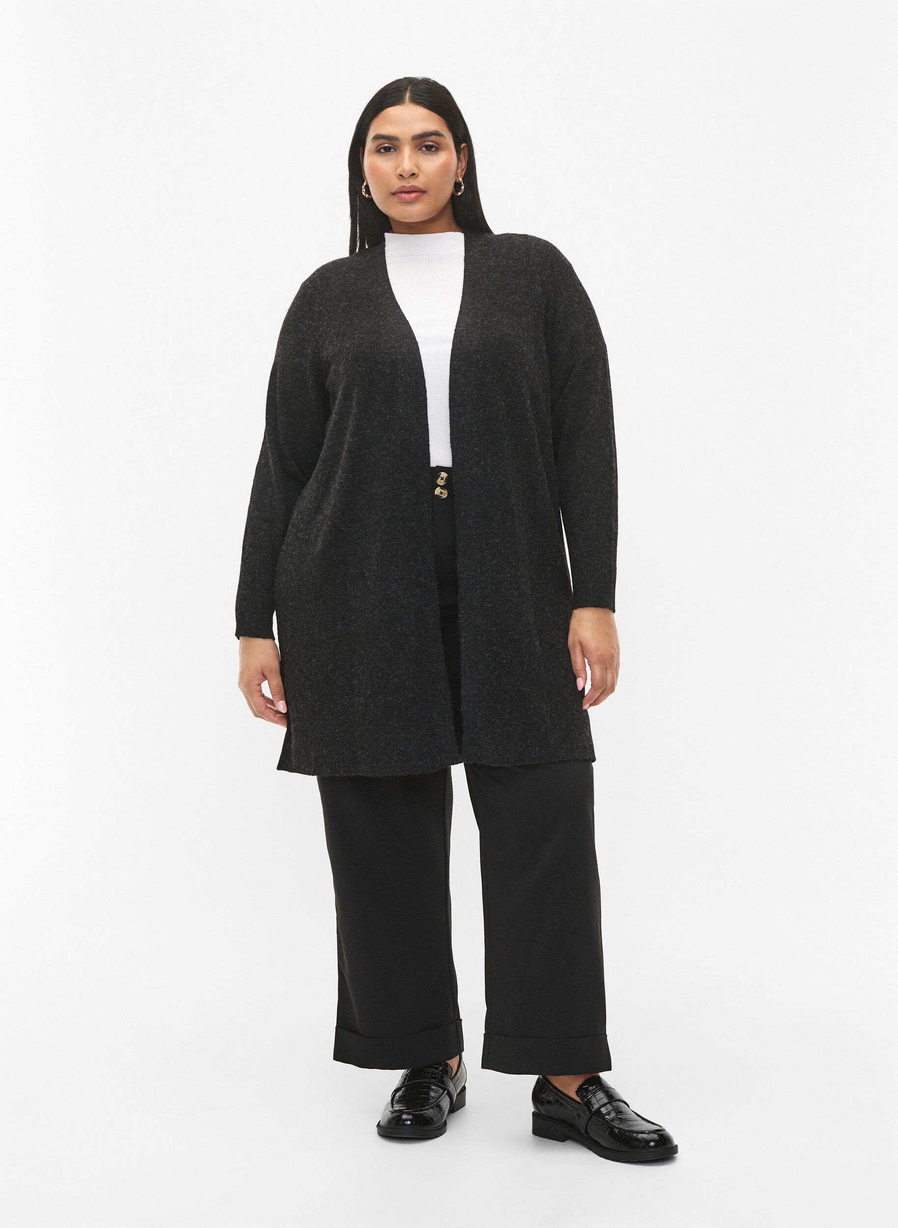 Zizzi Pitk&auml; avonainen neuletakki, Dark Grey Melange, Model image number 2