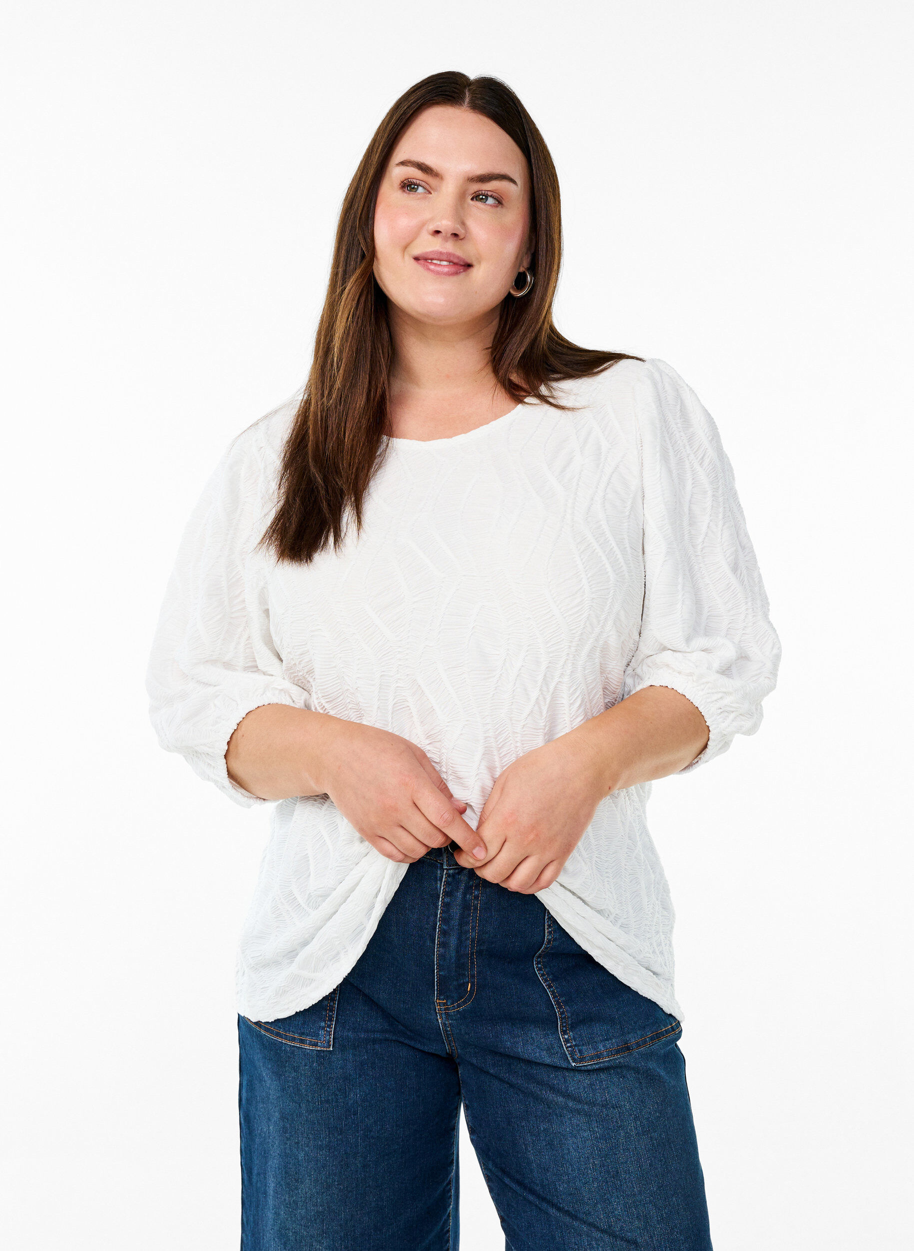 ZizziTekstuuripusero 3/4-hihoilla, Valkoinen, Model image number 0