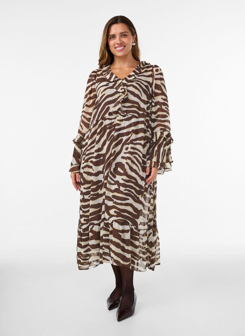 Mekko r&ouml;yhel&ouml;yksityiskohdilla ja V-p&auml;&auml;ntiell&auml;, Ruskea, Model image number 0