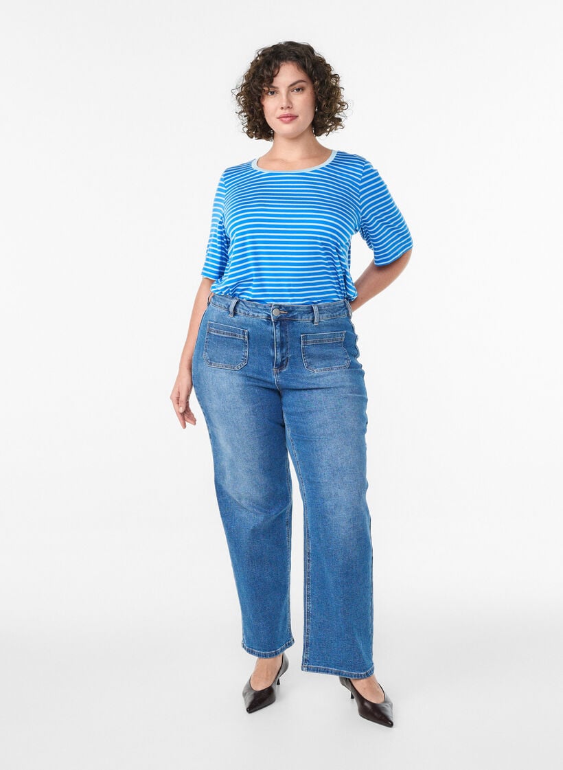 T-paita TENCEL&trade; Lyocellista ja raidoilla, Sininen, Model image number 1