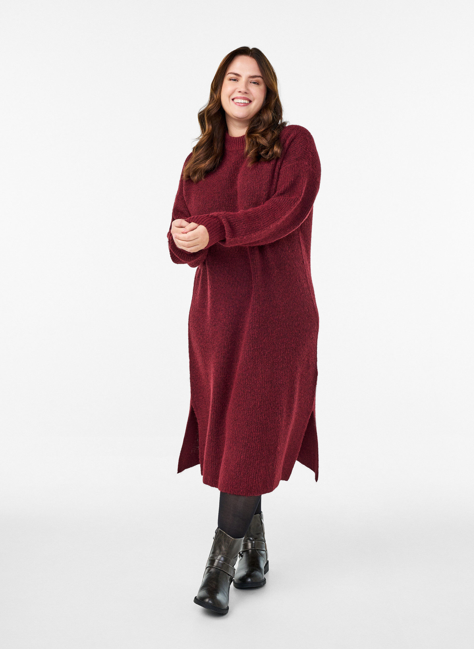 Pitk&auml; neulemekko korkealla kauluksella, Punainen, Model