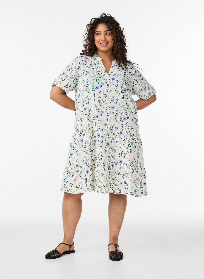Lyhyt A-linjainen mekko puuvillamusliinista, Beige, Model image number 1