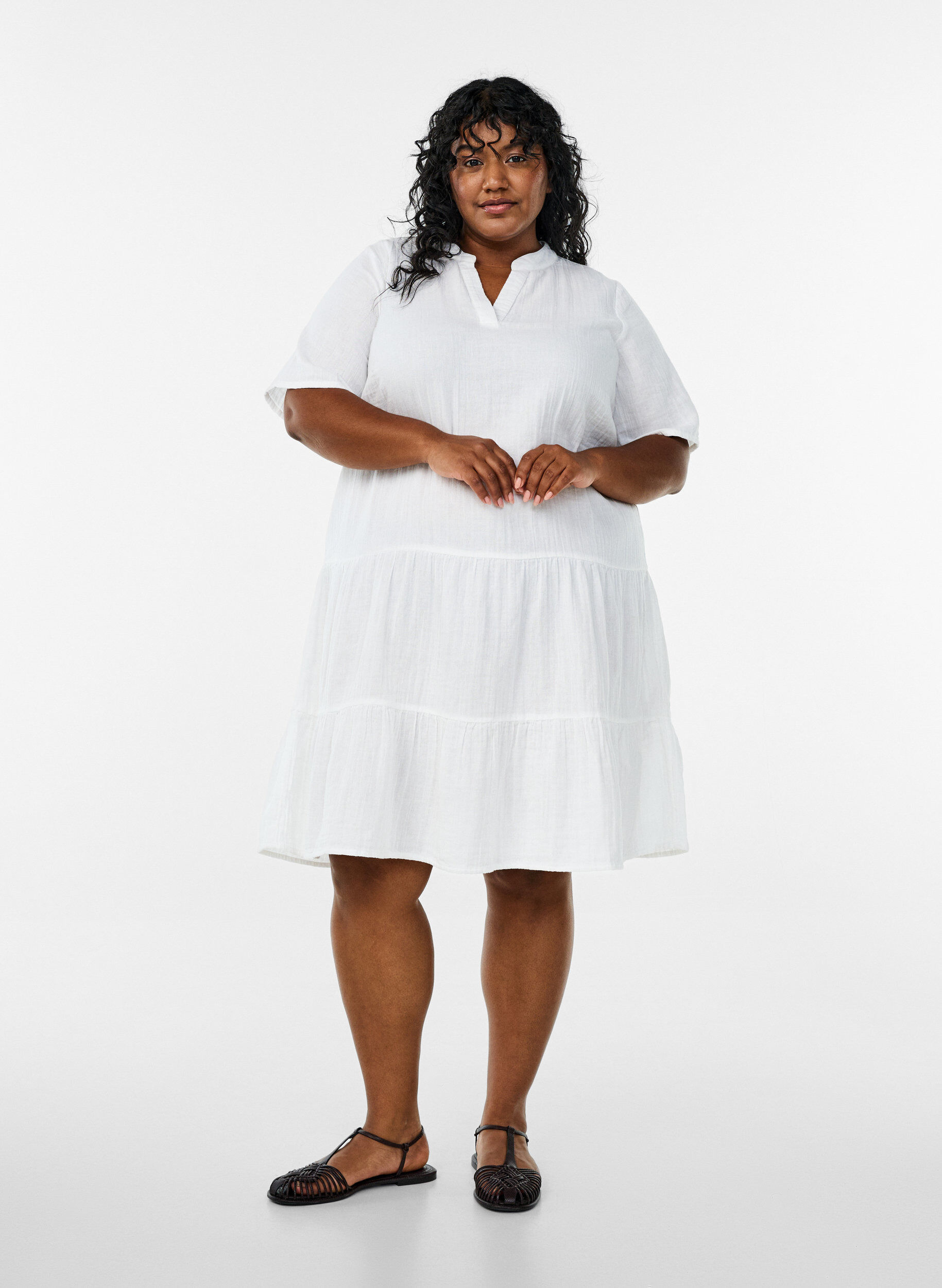 ZizziLyhyt A-linjainen mekko puuvillamusliinista, Valkoinen, Model image number 1