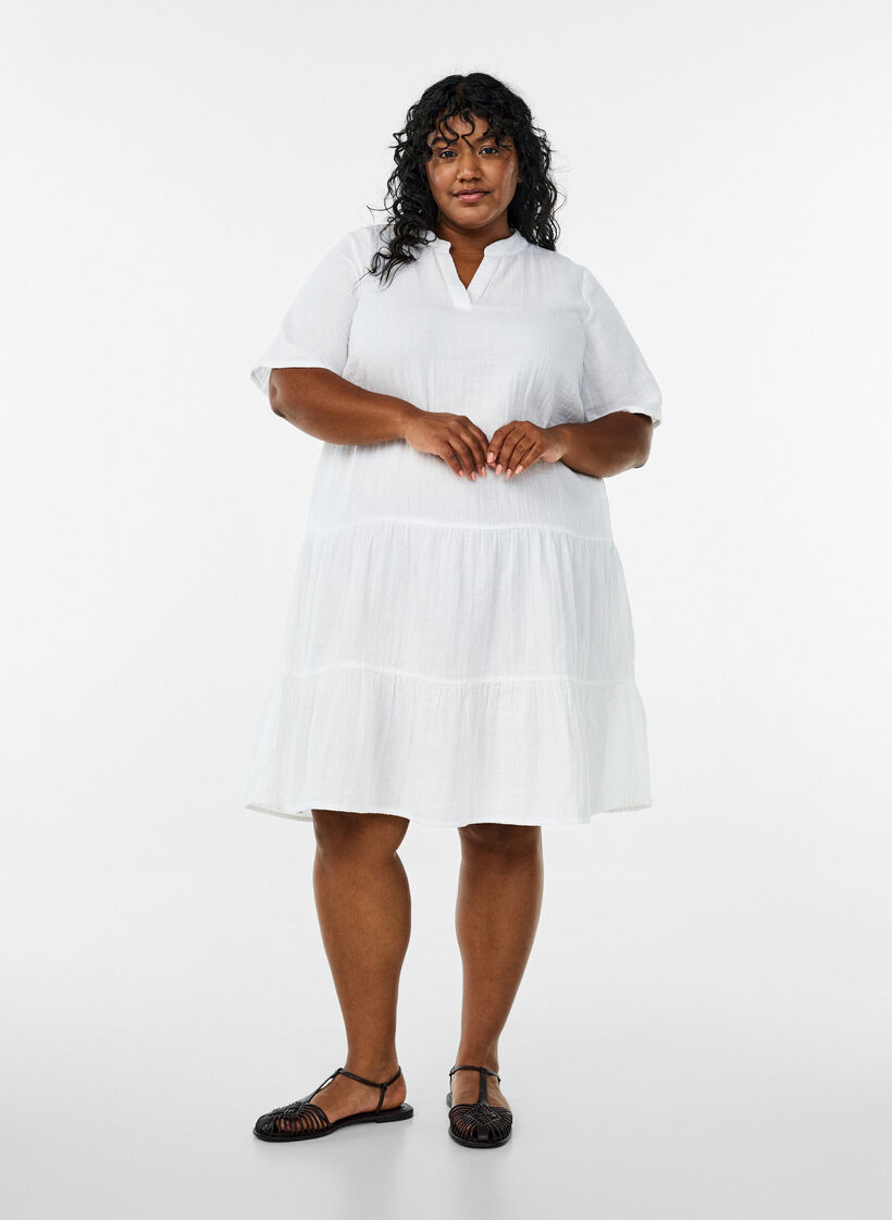 Lyhyt A-linjainen mekko puuvillamusliinista, Valkoinen, Model image number 1