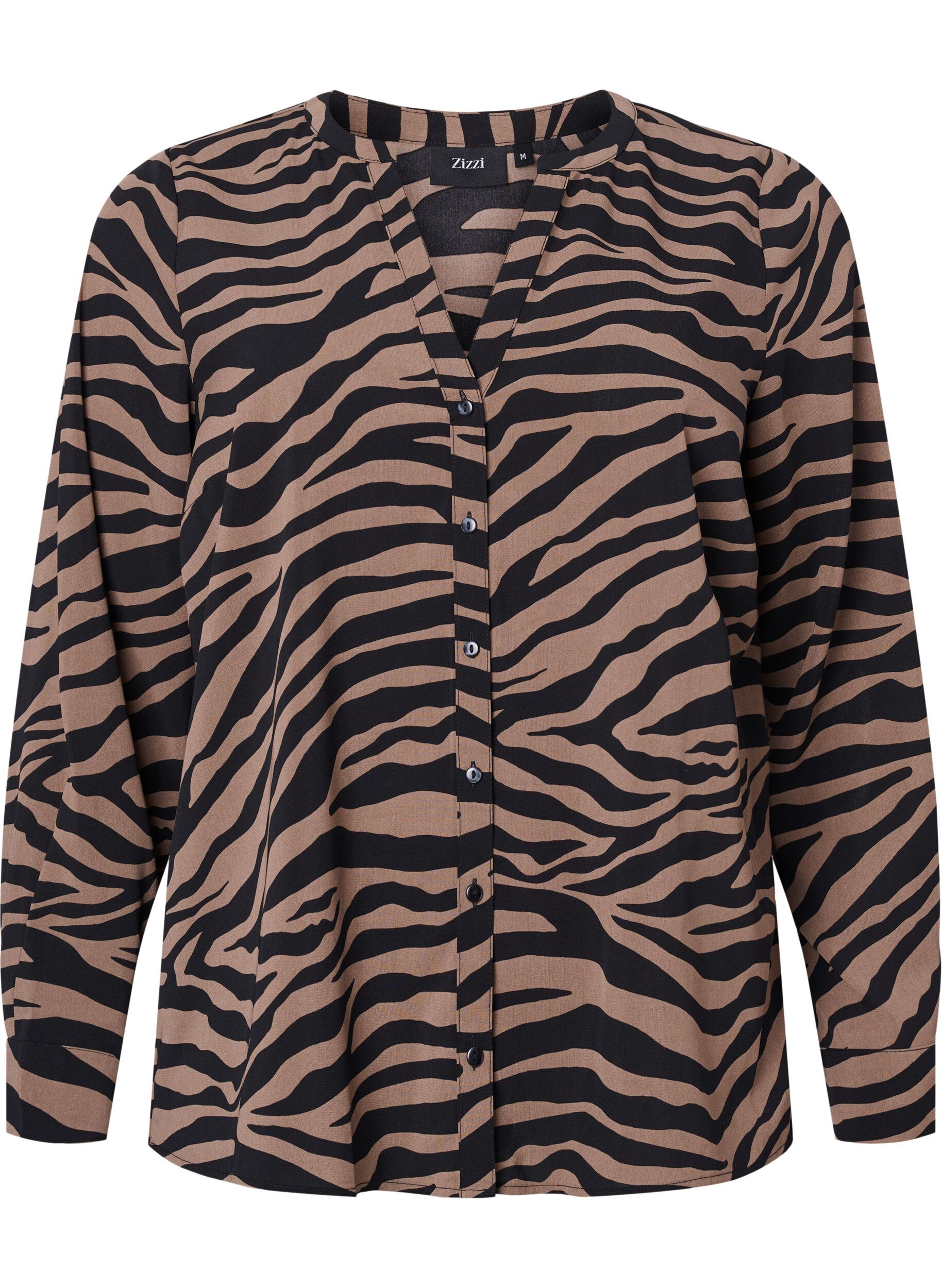 Zizzi V-kaula-aukkoinen paita seeprakuvioinnilla, Black/Brown Zebra, Packshot image number 0
