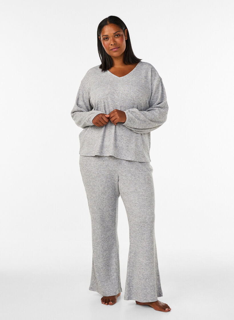 Jerseyhousut ribatulla tekstuurilla ja levenevill&auml; lahkeilla, Harmaa, Model image number 0