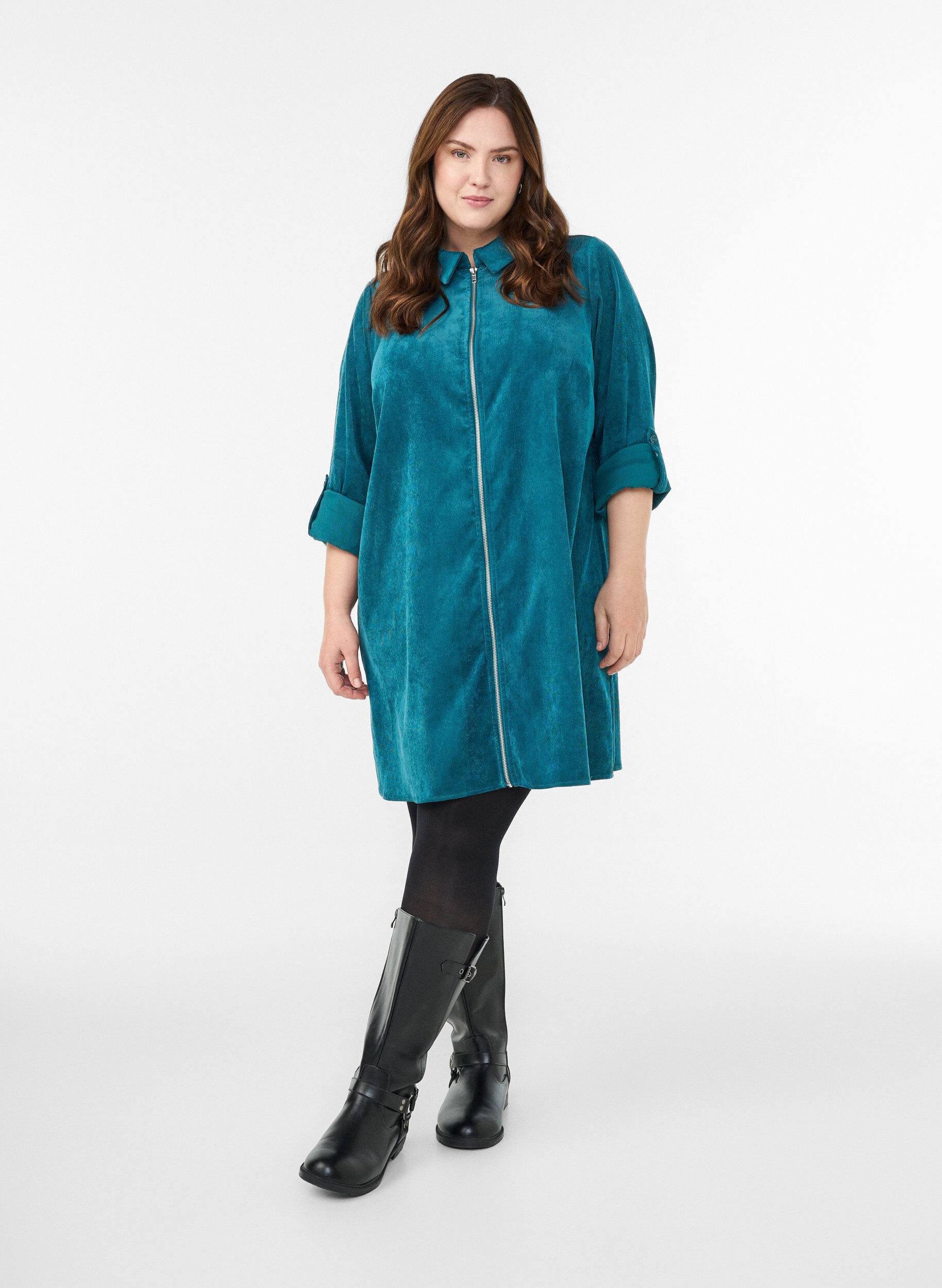 Zizzi Vakosamettimekko vetoketjulla ja 3/4-hihoilla, Vihre&auml;, Model image number 1