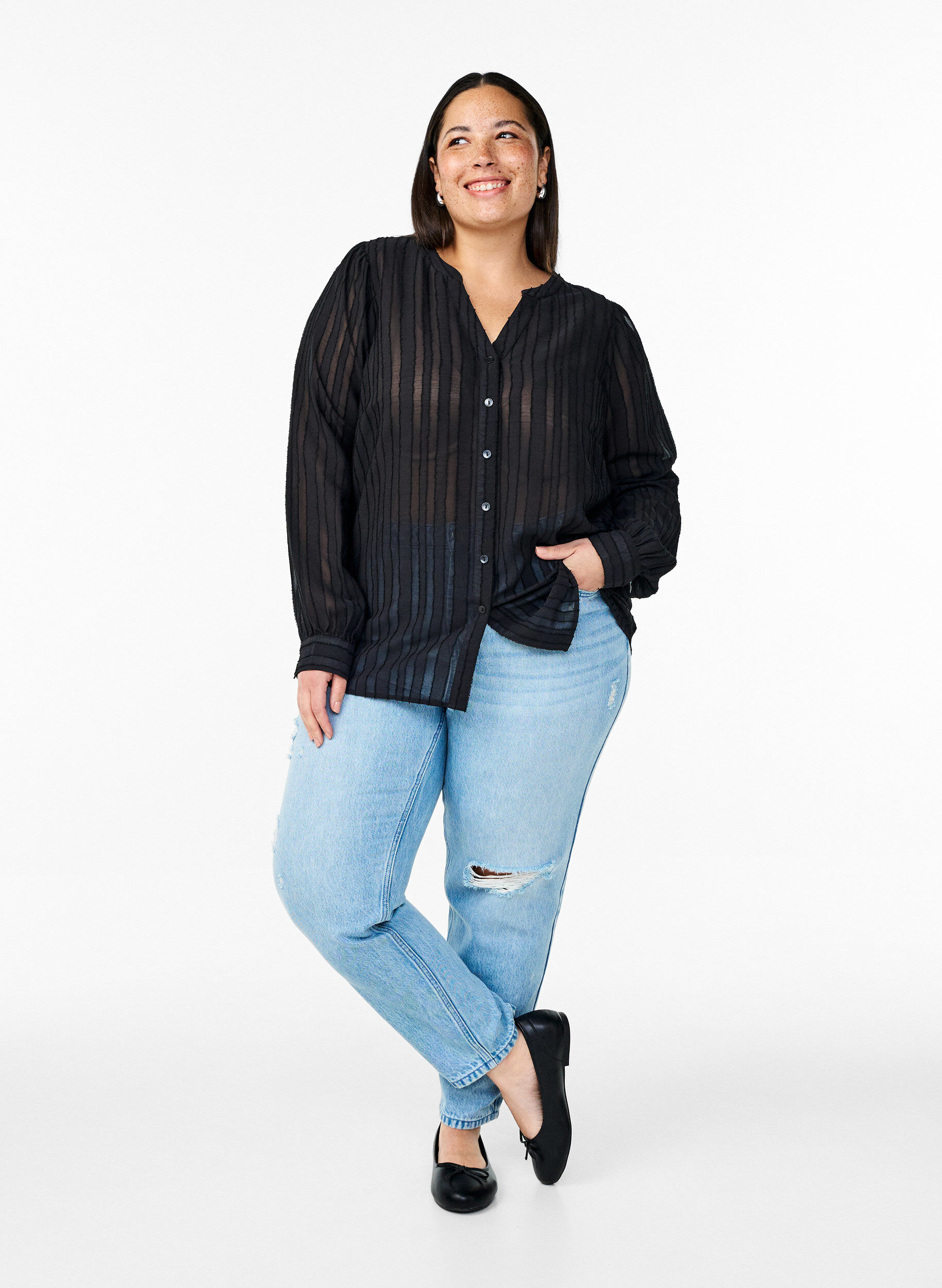 Zizzi Raidallinen paitapusero l&auml;pikuultavilla raidoilla, Musta, Model image number 1