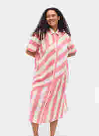 Lyhythihainen puuvillainen paitamekko raidoilla, Magenta Stripe, Model