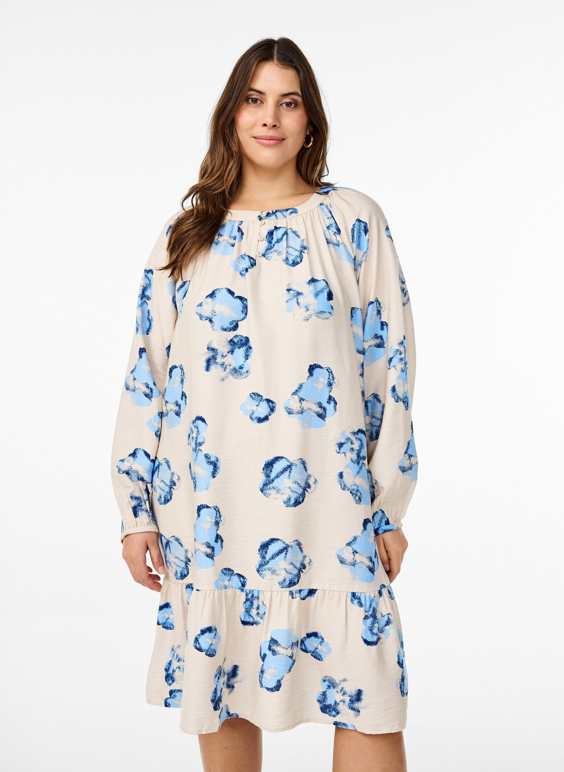 Zizzi Polvipituinen mekko pitkille hihoilla ja A-linjaisella leikkauksella, Valkoinen, Model image number 0