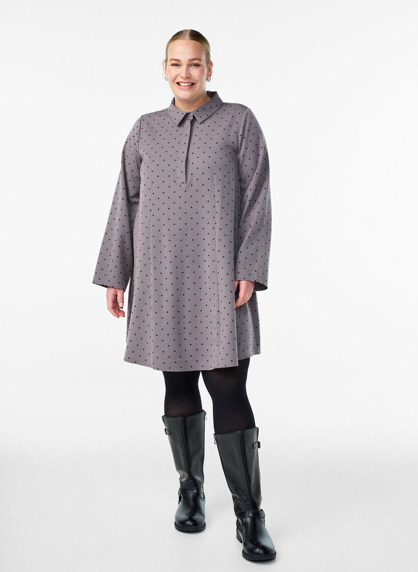 Lyhyt A-linjainen mekko pitkillä hihoilla, Harmaa, Model image number 1