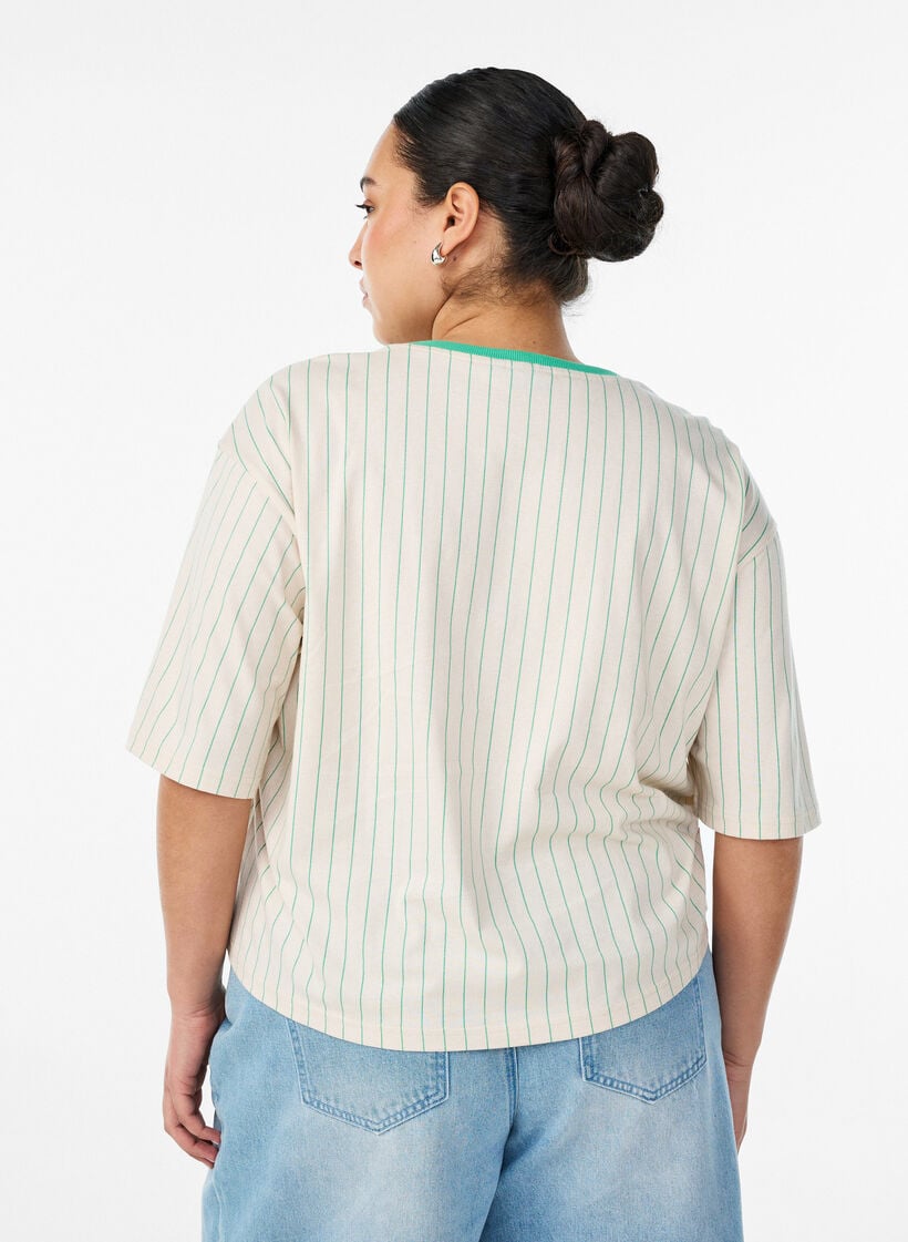 Boxy T-paita raidoilla ja statement-printill&auml;, Vanilja, Model image number 2
