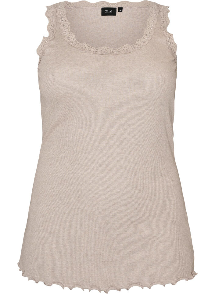 Ribattu toppi pitsireunuksella, Beige, Packshot image number 0