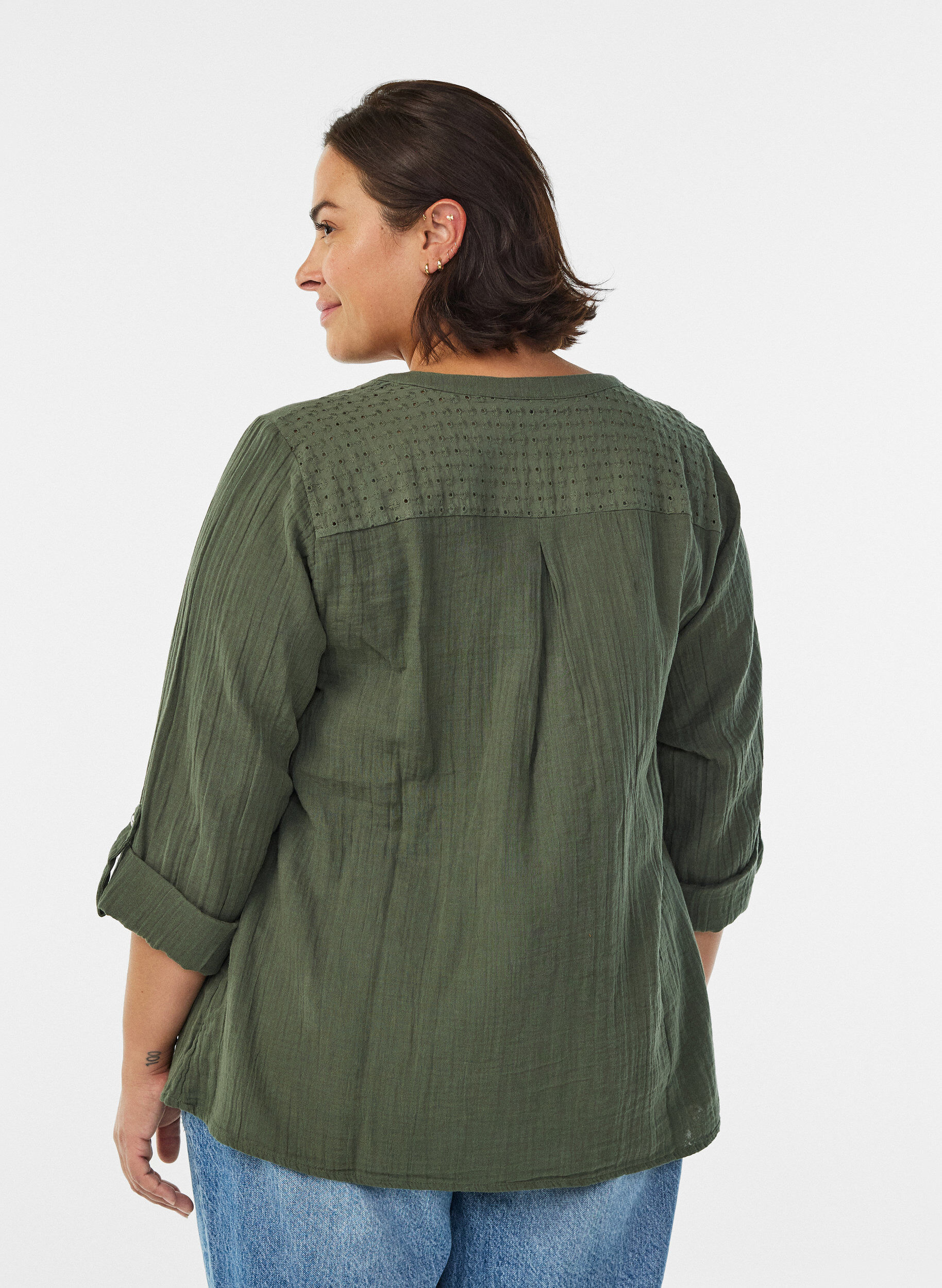 ZizziPaita puuvillamusliinissa, jossa broderie anglaise -kirjailu, Vihre&auml;, Model image number 2