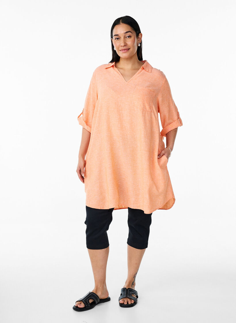 A-mallinen tunika pellavaa ja viskoosia, Oranssi, Model image number 1