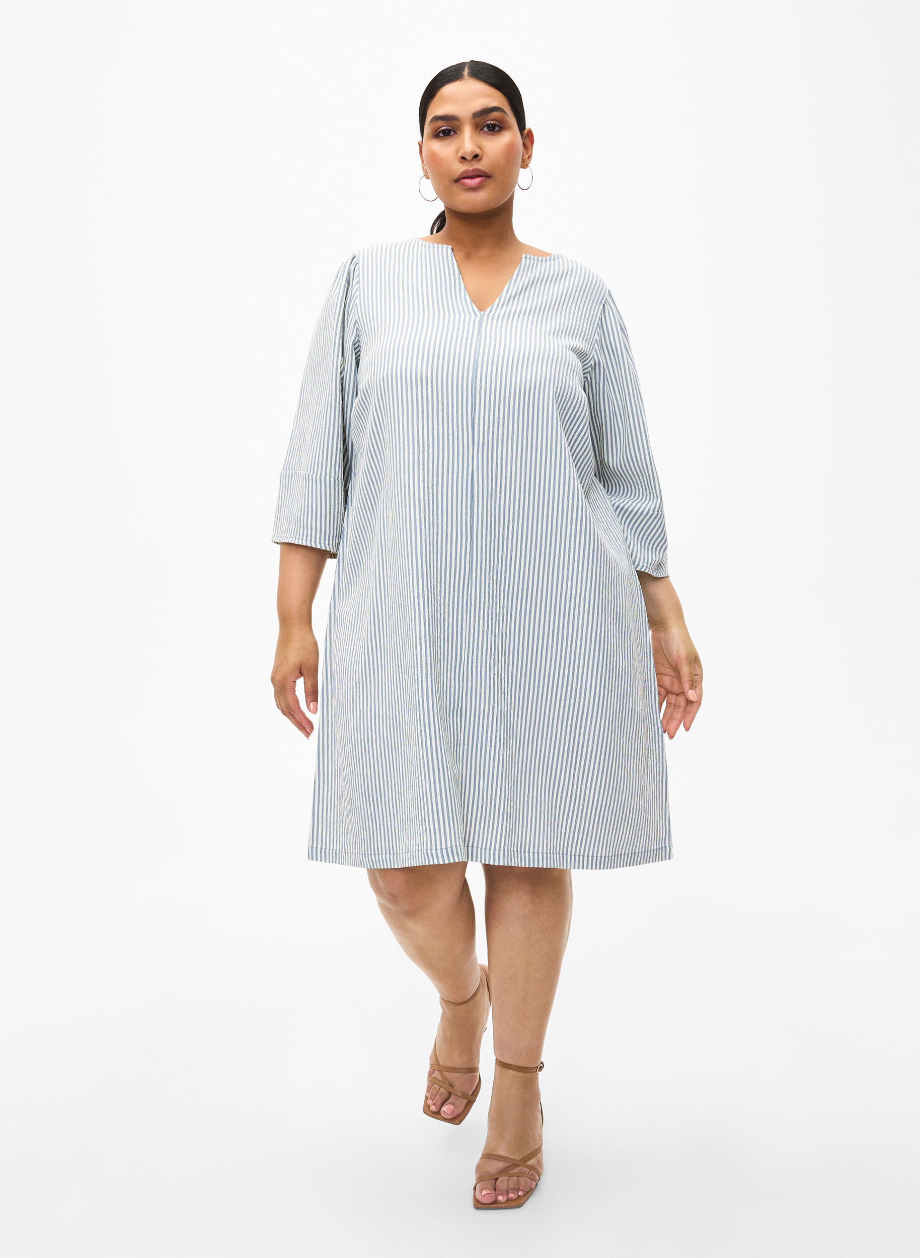 Zizzi Raidallinen mekko, jossa on 3/4-hihat, Blue Stripe, Model image number 2