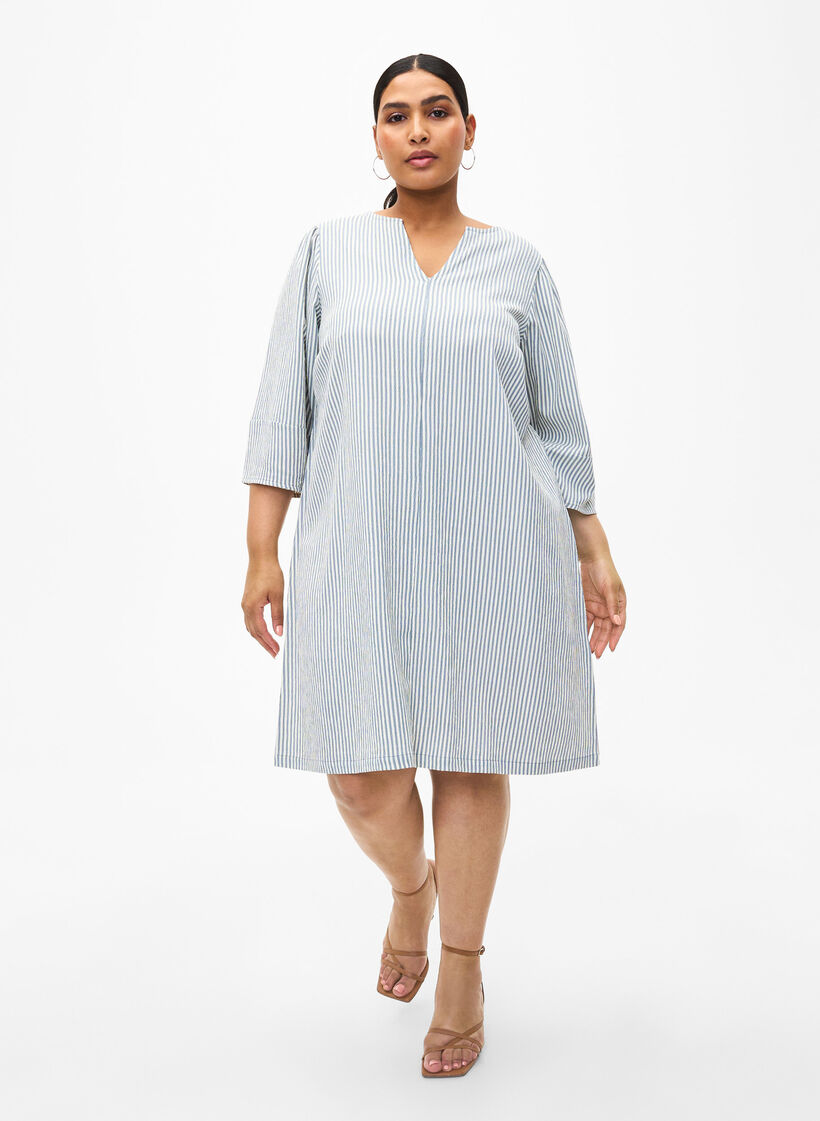 Raidallinen mekko, jossa on 3/4-hihat, Blue Stripe, Model image number 2