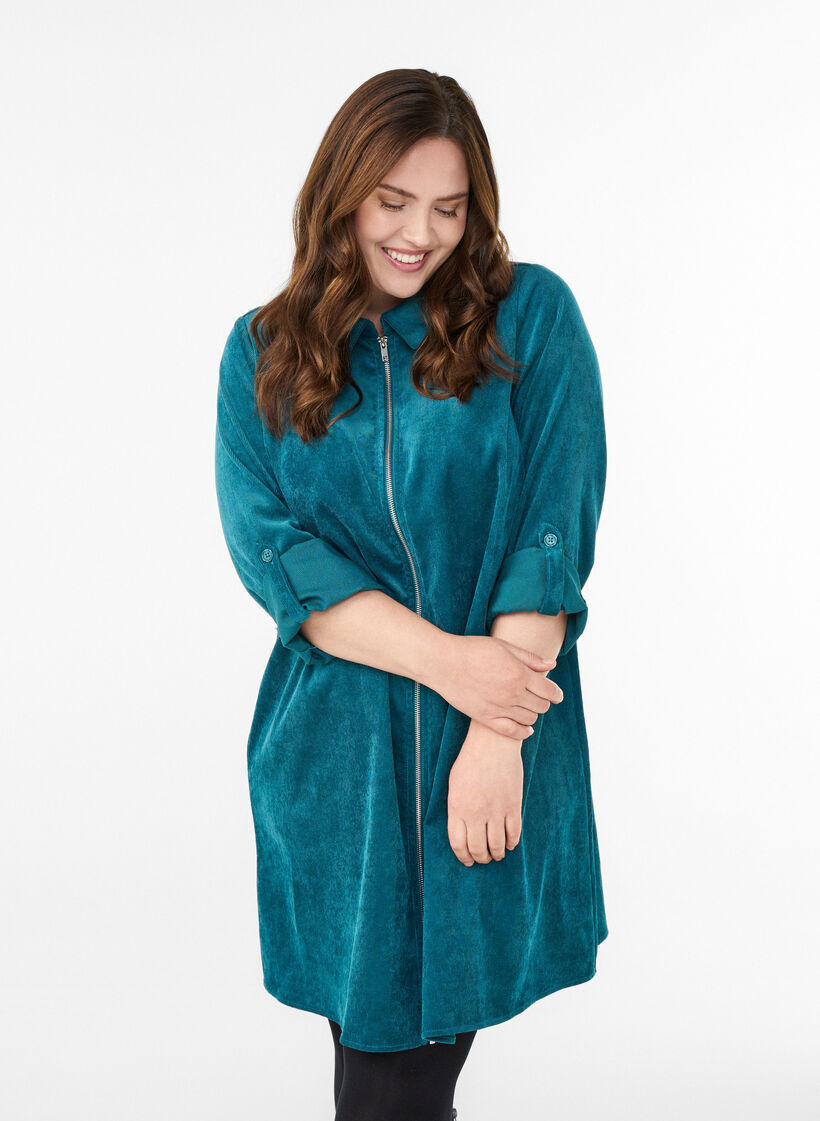 Vakosamettimekko vetoketjulla ja 3/4-hihoilla, Vihre&auml;, Model image number 0
