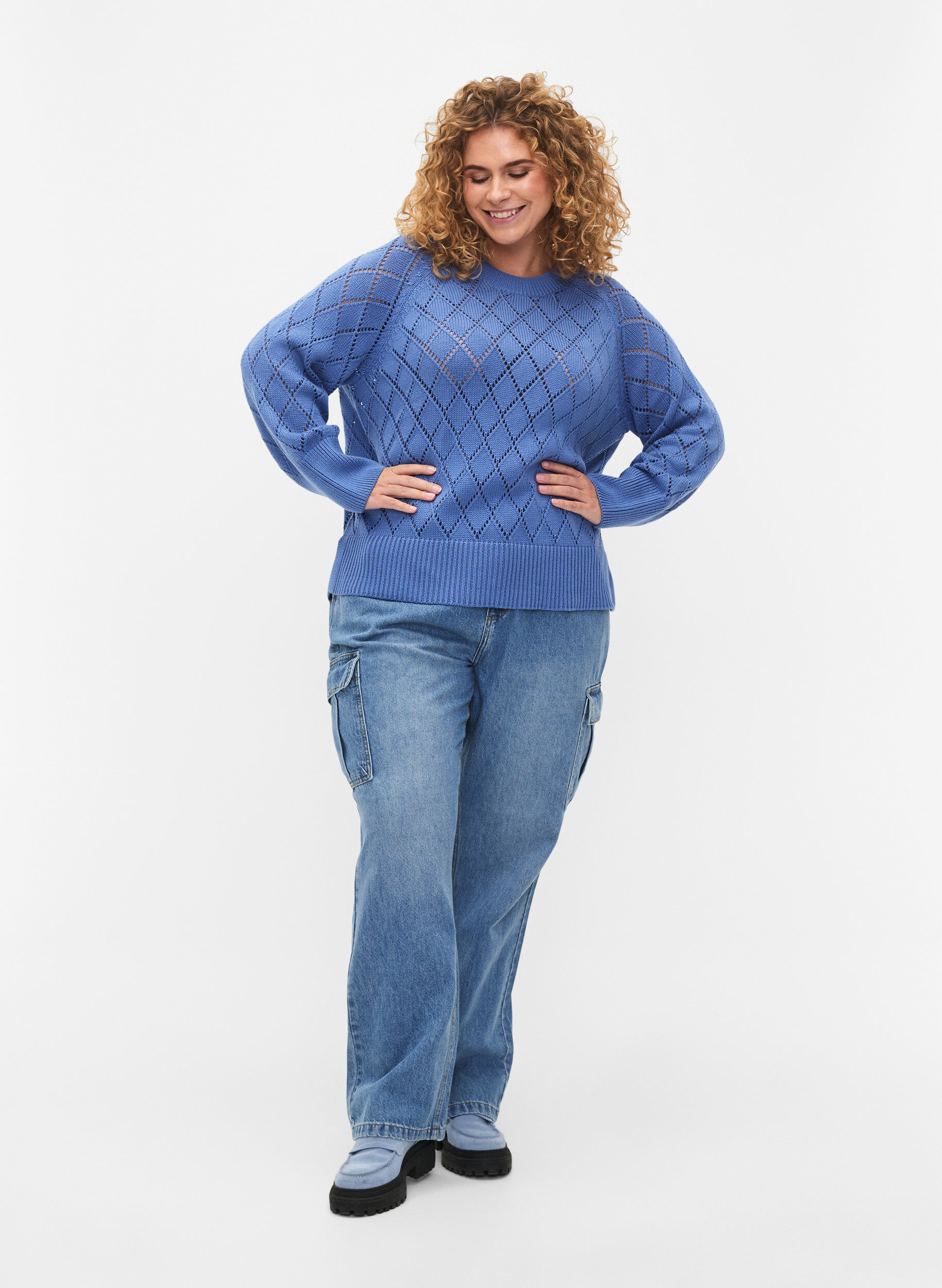 ZizziPitk&auml;hihainen neulepusero reik&auml;kuviolla, Blue Bonnet, Model image number 2