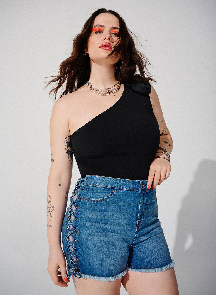 Nyörikoristellut farkkushortsit, Blue Denim, Image image number 0