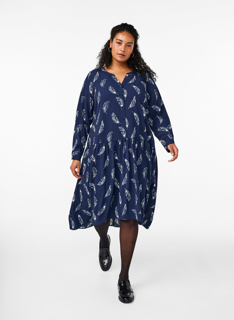 Midi-mekko pitkillä hihoilla, Navy B. Feather AOP, Model image number 0
