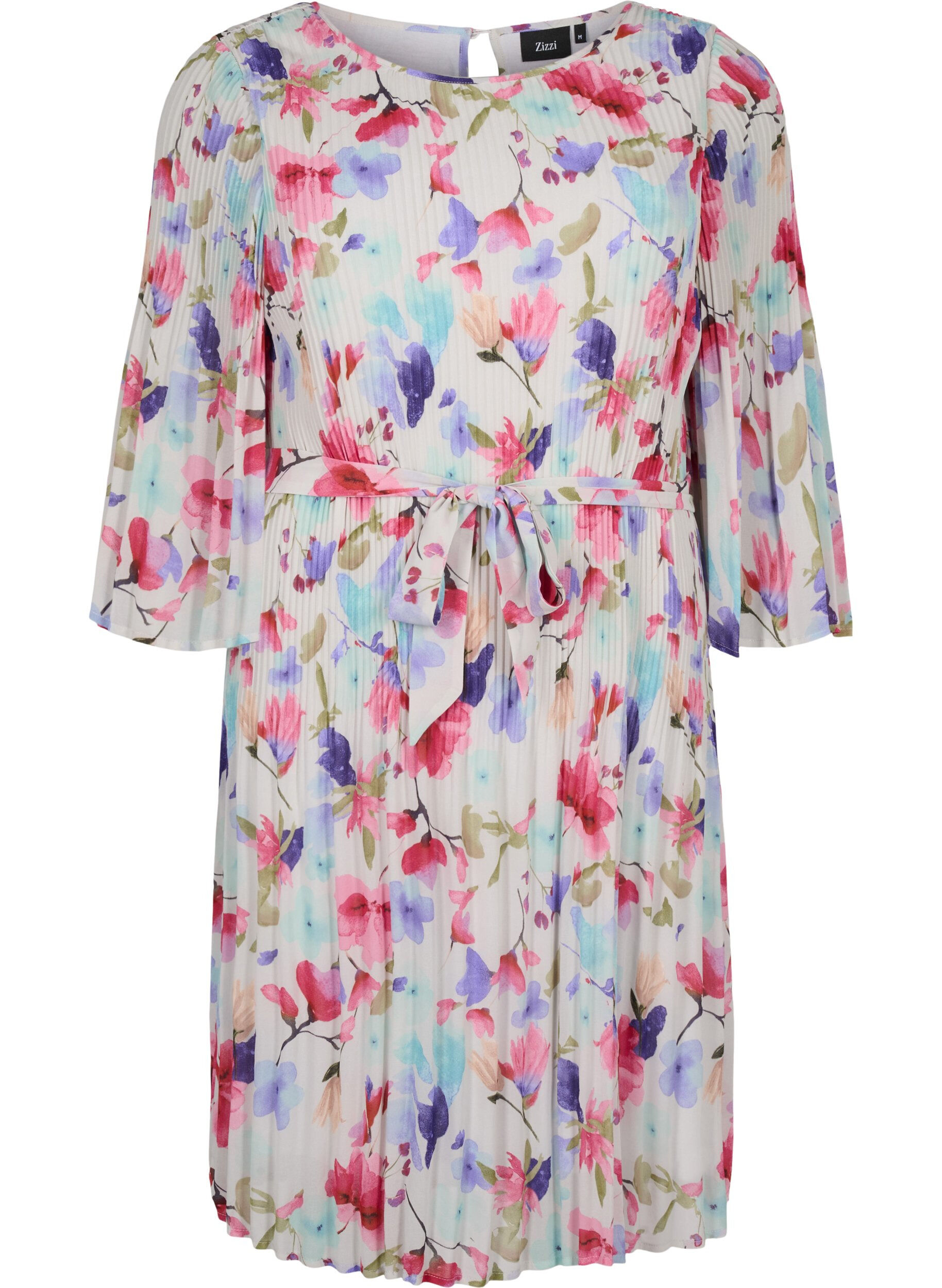Zizzi Pliseerattu mekko nauhalla, White/MultiFlowerAOP, Packshot image number 0