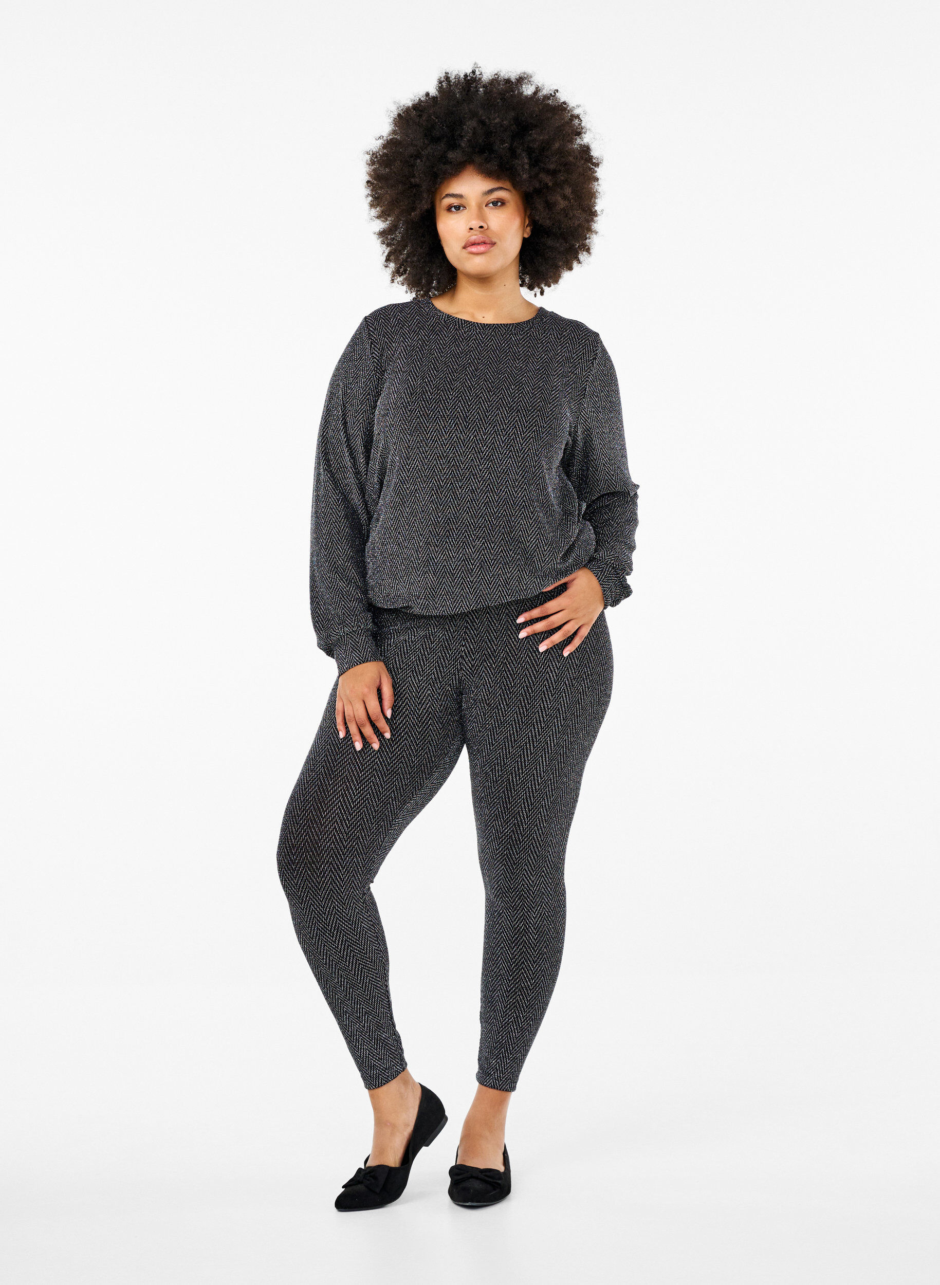 Zizzi Glitterkuviolliset leggingsit, Silver ZigZagShimmer, Model image number 0