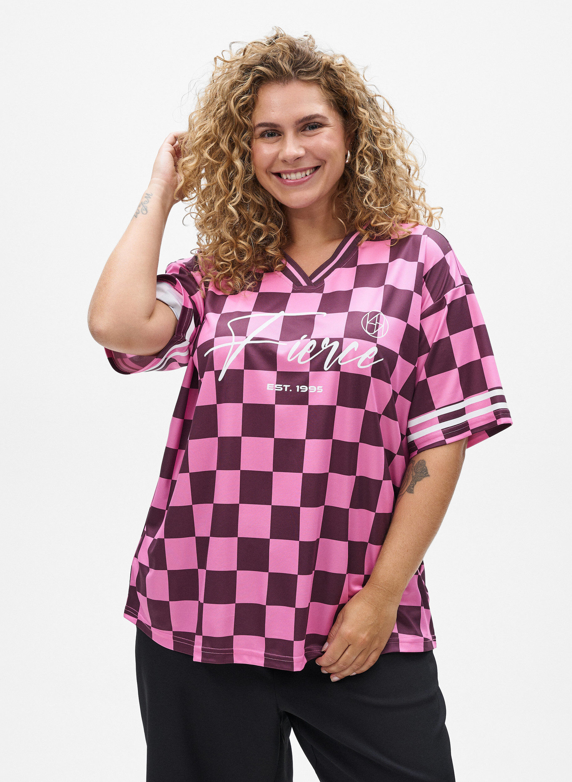 Zizzi Urheilullinen T-paita ruutukuvioilla ja tekstiprintill&auml;, Punainen, Model image number 0