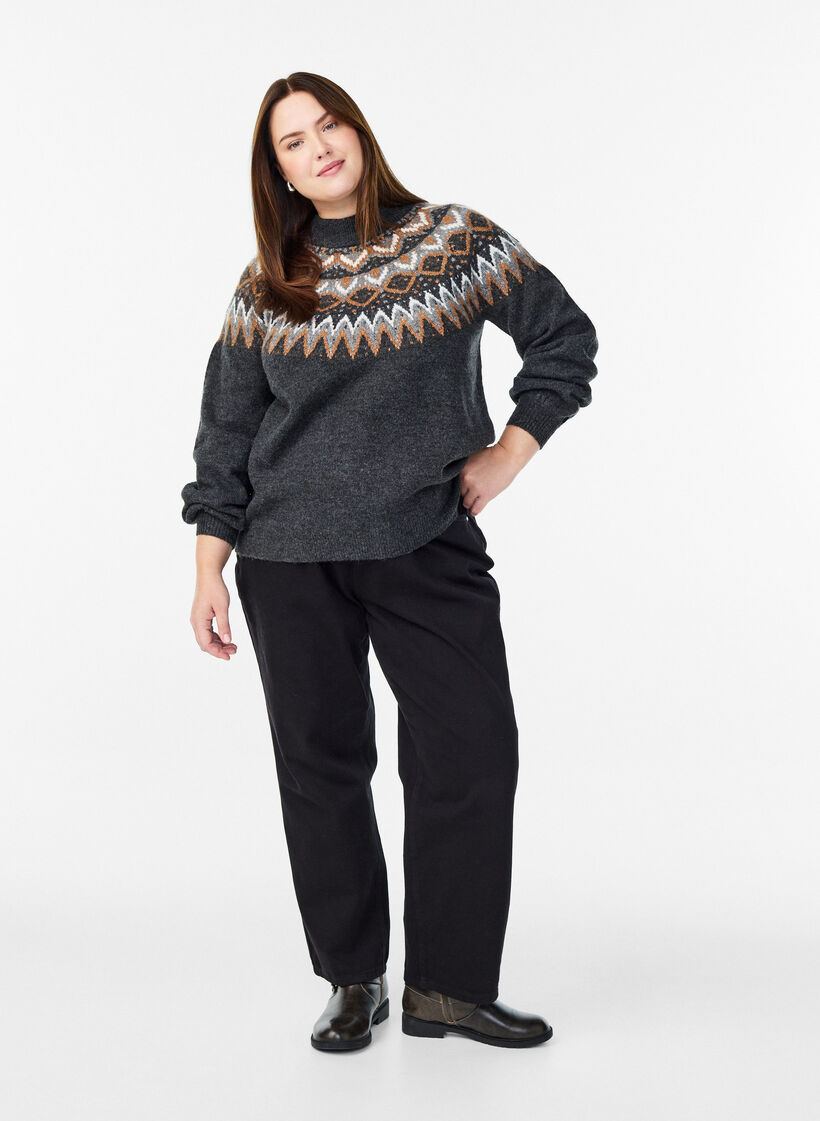 Kuviollinen neulepusero korkealla kauluksella, Harmaa, Model image number 1