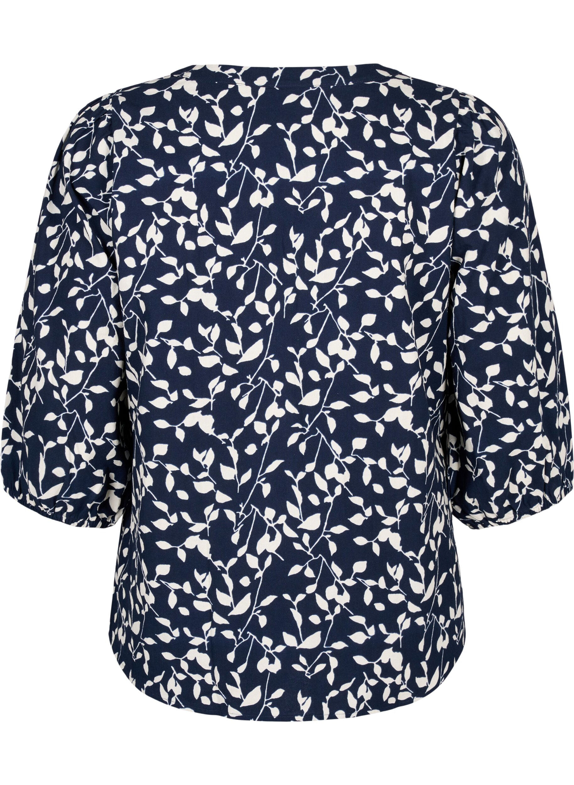 Zizzi Kuvioitu puuvillapusero, jossa on &frac34;-mittaiset hihat., Navy Blazer Leaf, Packshot image number 1