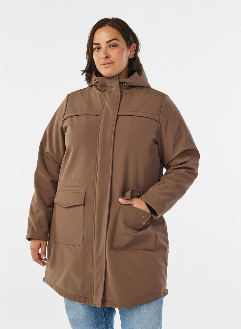 Vett&auml; hylkiv&auml; softshell-takki, jossa on tikattu vuori, Ruskea, Model image number 0