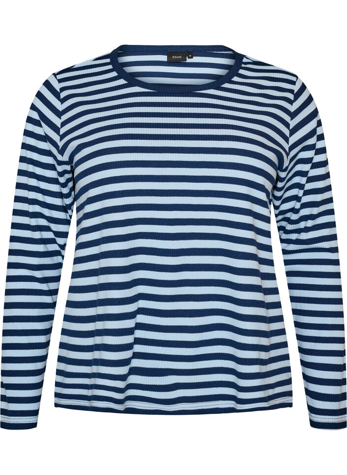 Pitk&auml;hihainen y&ouml;paita ribatusta jerseyst&auml;, jossa on raitoja, Sininen, Packshot image number 0