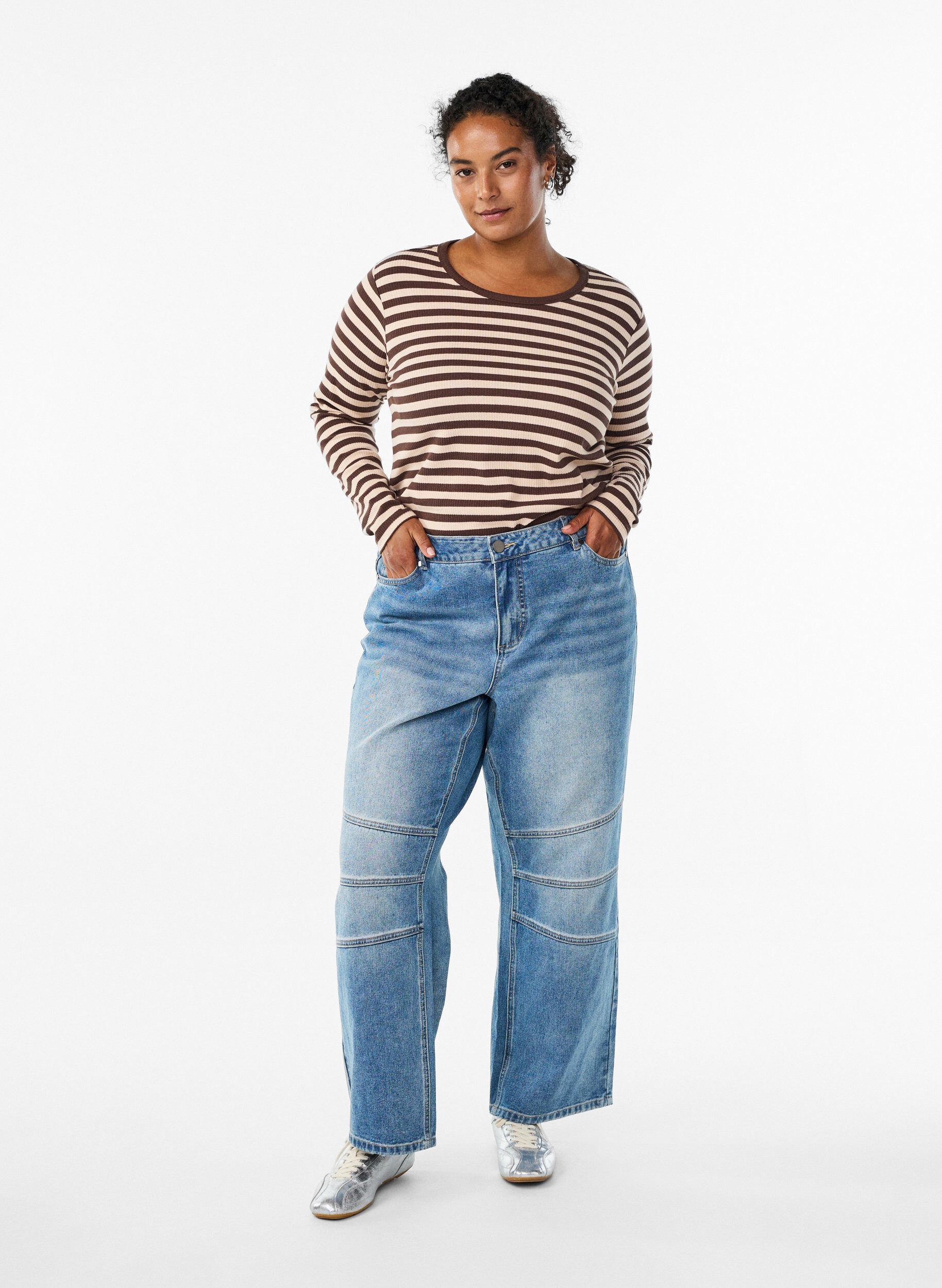 Zizzi Raidallinen pusero pitkill&auml; hihoilla, Ruskea, Model image number 1