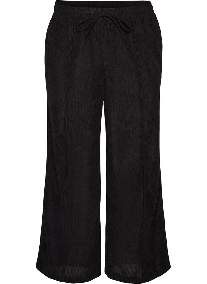 Vakosamettihousut leveill&auml; lahkeilla ja korkealla vy&ouml;t&auml;r&ouml;ll&auml;, Musta, Packshot image number 0