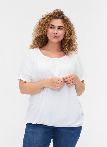 Lyhythihainen viskoosista valmistettu t-paita joustoreunuksella , Bright White, Model image number 0