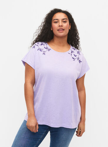 Puuvillainen t-paita lehtiprintillä, Lavender C Leaf, Model image number 0