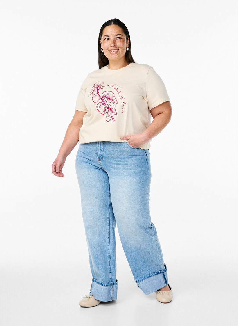 Puuvillainen T-paita printillä, Beige, Model image number 1