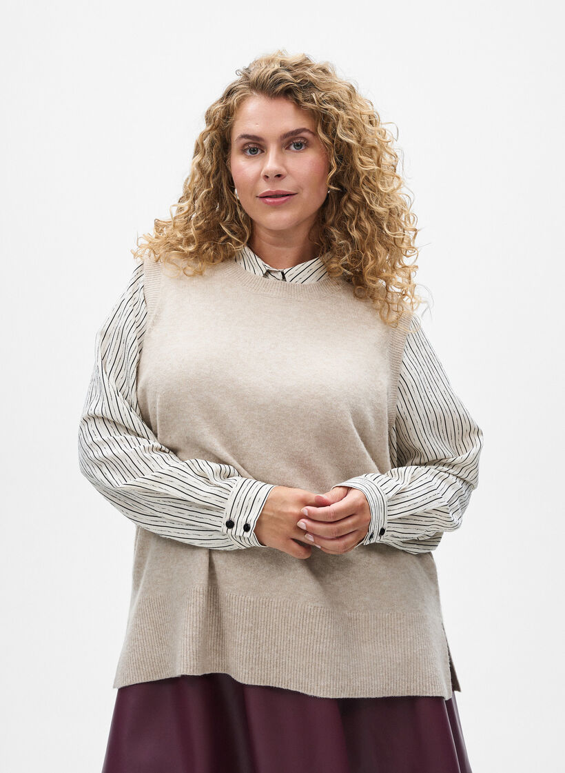 Neuleliivi, jossa on ribbireunat, Beige, Model image number 0
