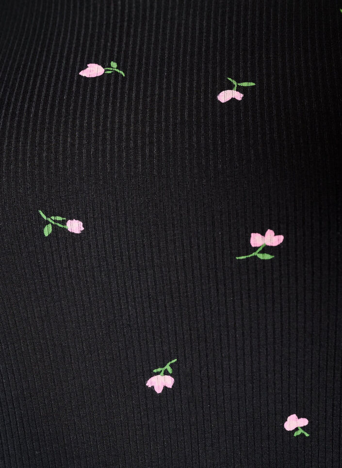 Pyjaman yl&auml;osa kukkakuviolla ja ribatulla tekstuurilla, Musta, Packshot image number 2