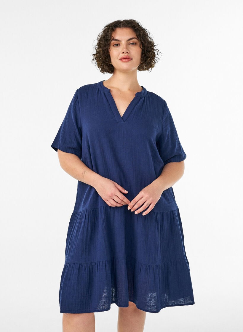 Lyhyt A-linjainen mekko puuvillamusliinista, Sininen, Model image number 0