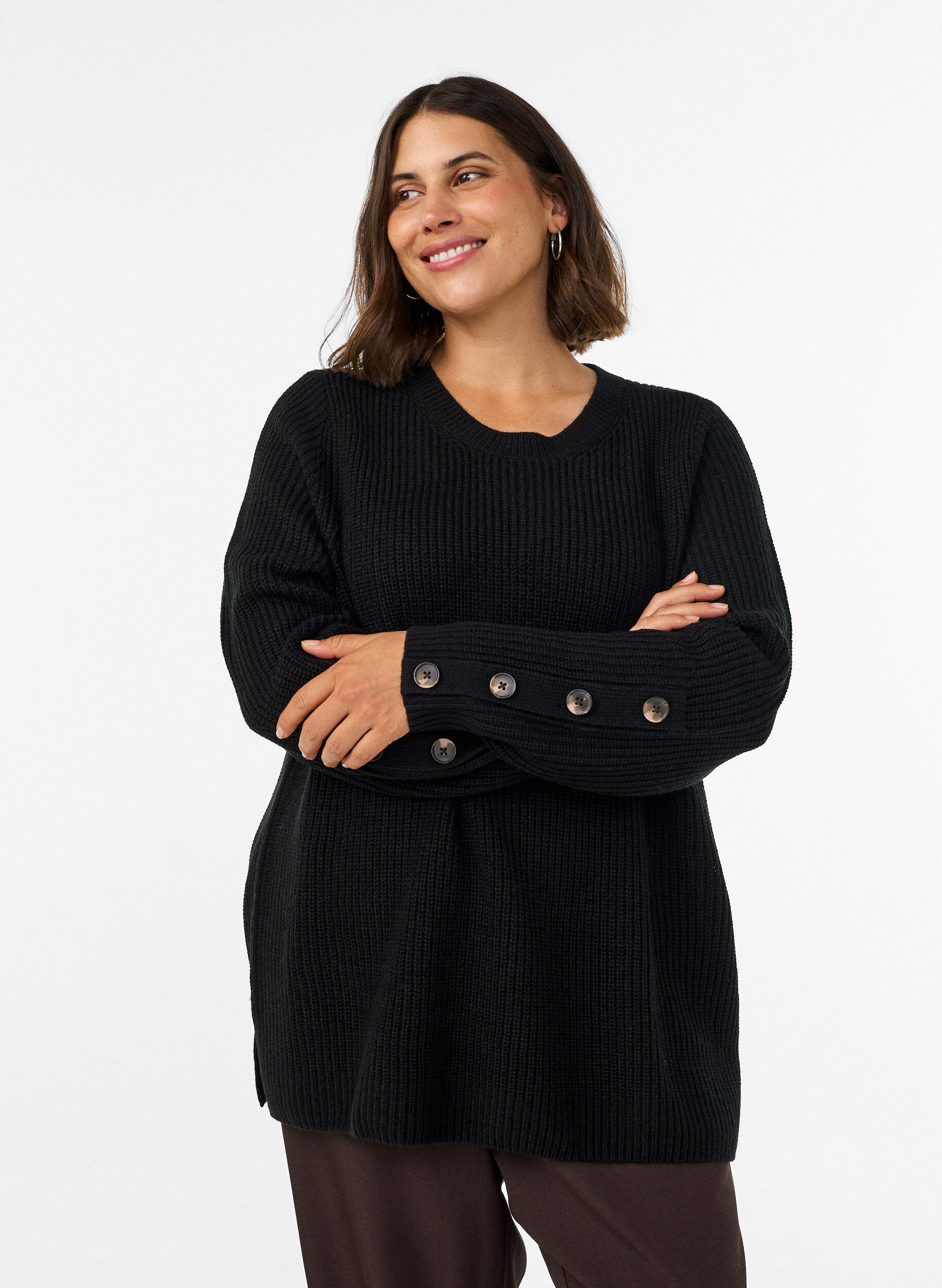 ZizziNeulepusero ribbineuloksella ja nappiyksityiskohdilla, Musta, Model image number 0