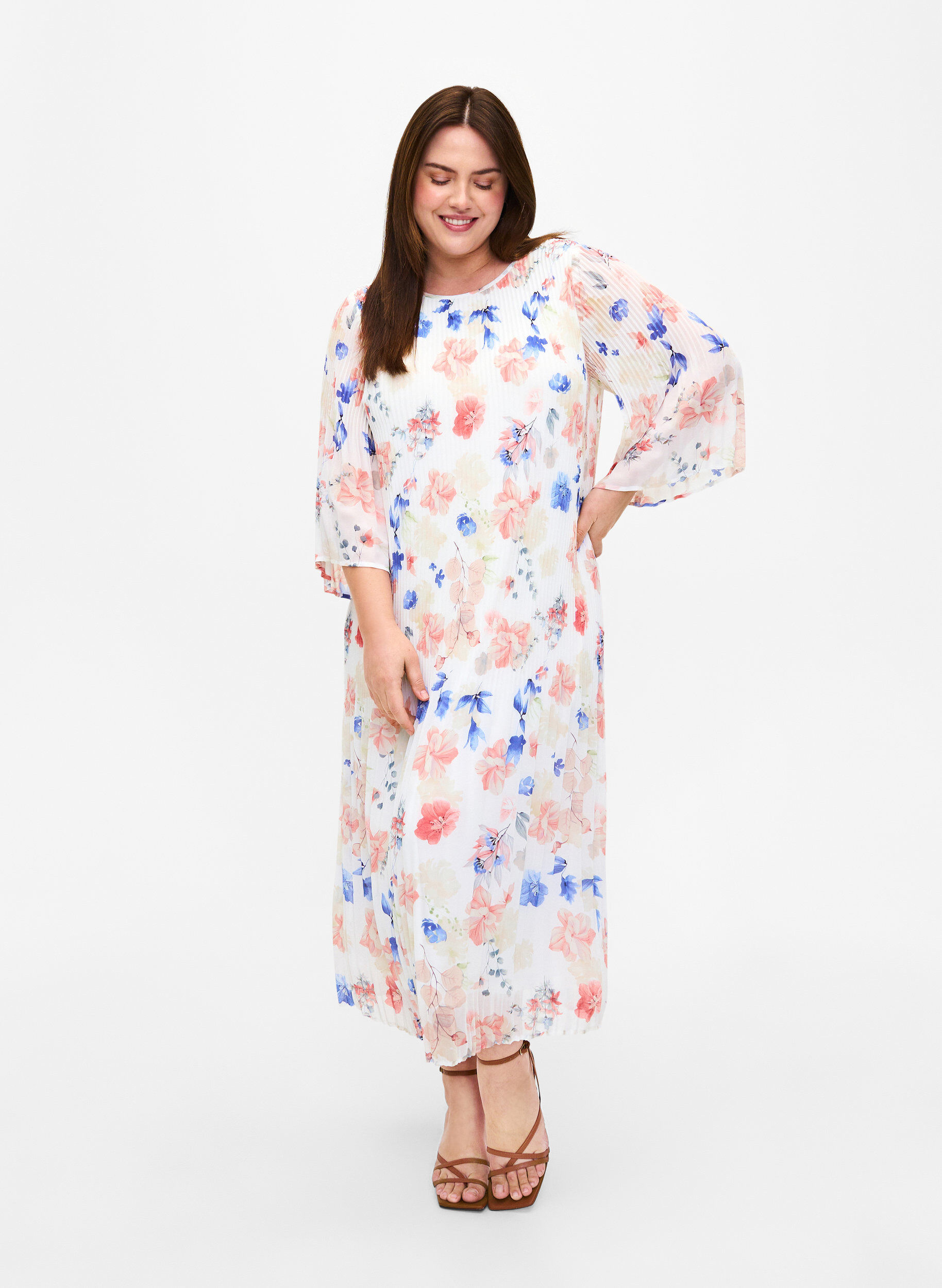 Zizzi Kukkakuvioinen laskostettu mekko kiristysnauhalla, White/Blue Floral, Model image number 0