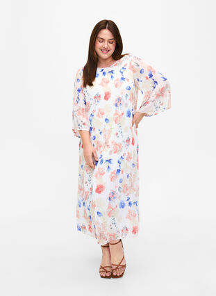 Kukkakuvioinen laskostettu mekko kiristysnauhalla, White/Blue Floral, Model image number 0