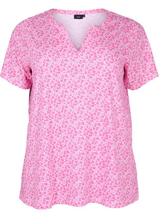 Kukallinen t-paita puuvillaa v-pääntiellä, Shocking Pink AOP, Packshot image number 0