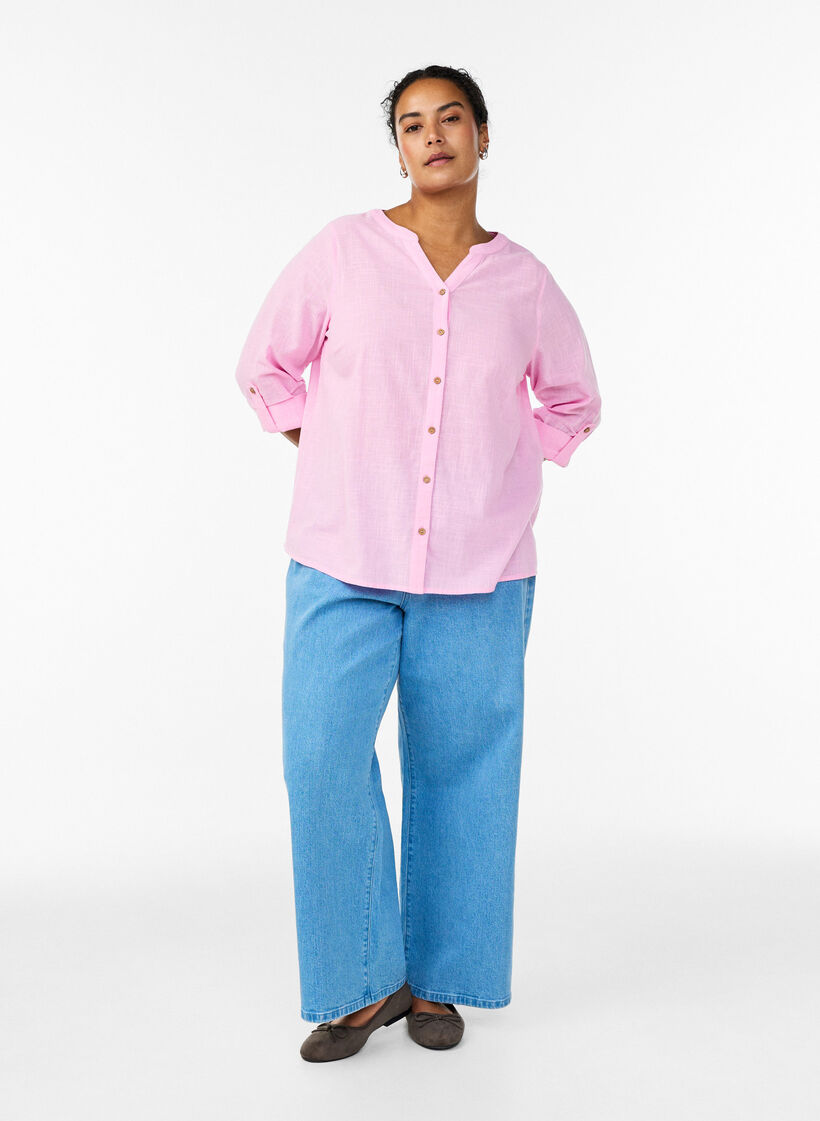 Puuvillainen paitapusero V-p&auml;&auml;ntiell&auml;, Vaaleanpunainen, Model image number 1